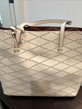 DKNY Cream Perforated Diamond-Pattern Leather Tote